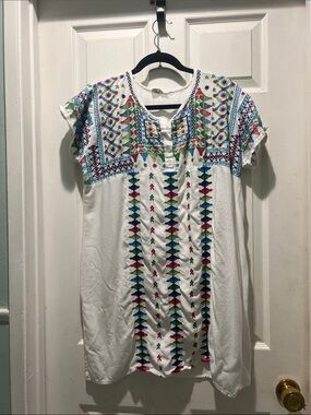 Asha White Embroidered Midi Dress with Multicolor Folk Stitching